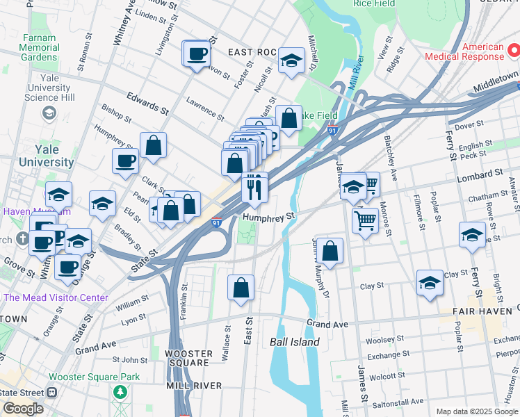 map of restaurants, bars, coffee shops, grocery stores, and more near 545 East Street in New Haven