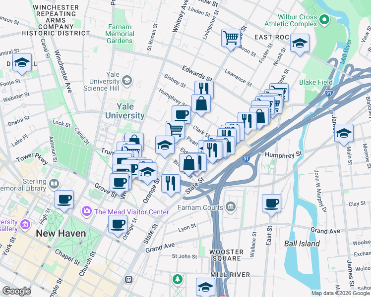 map of restaurants, bars, coffee shops, grocery stores, and more near 83 Pearl Street in New Haven
