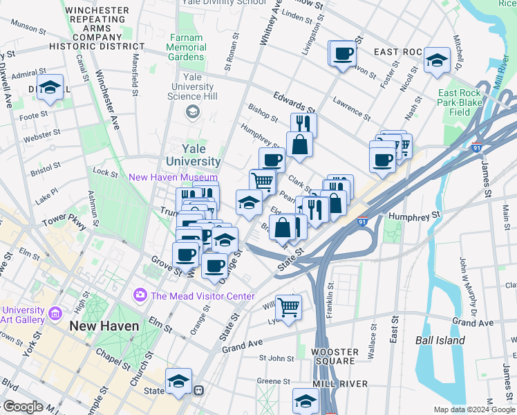 map of restaurants, bars, coffee shops, grocery stores, and more near in New Haven