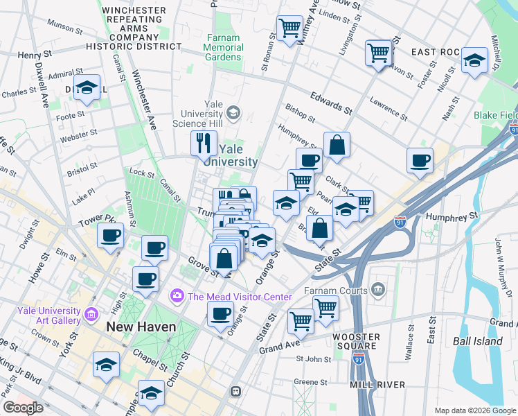 map of restaurants, bars, coffee shops, grocery stores, and more near 15 Whitney Avenue in New Haven