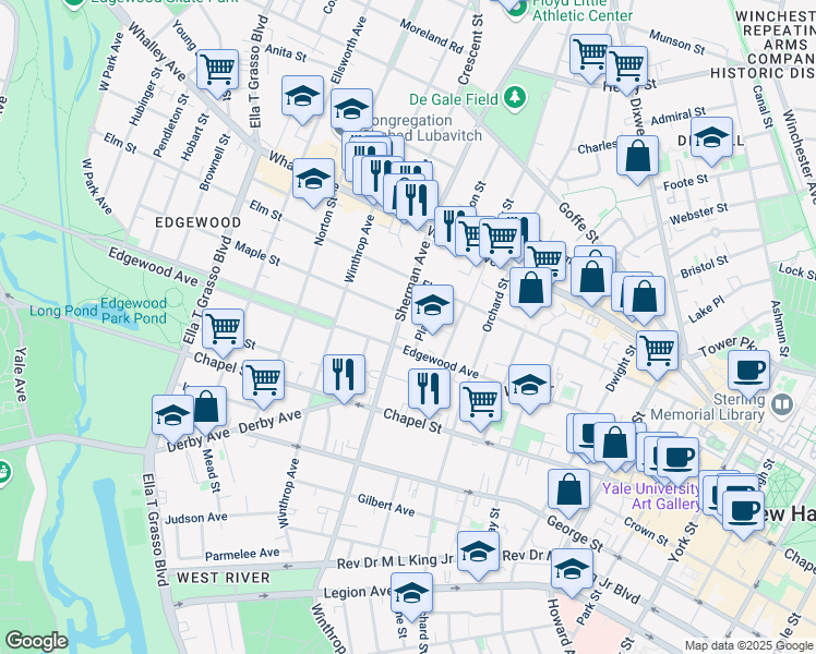 map of restaurants, bars, coffee shops, grocery stores, and more near 248 Sherman Avenue in New Haven