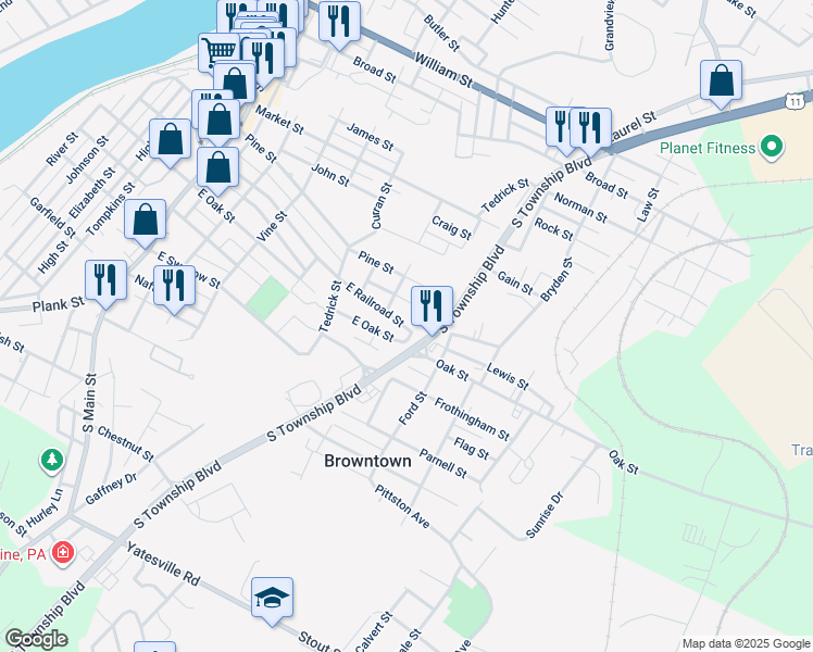 map of restaurants, bars, coffee shops, grocery stores, and more near 110 Front Street in Pittston