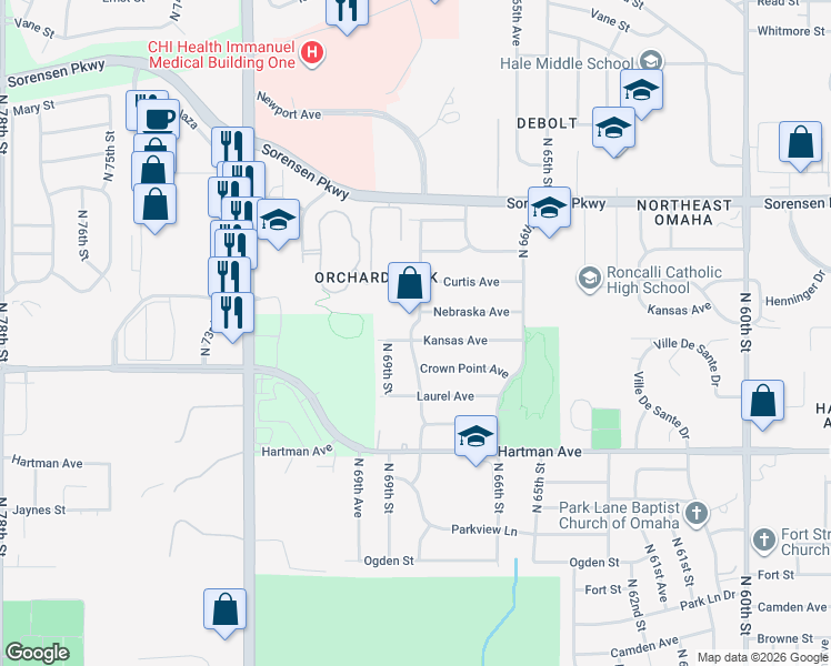 map of restaurants, bars, coffee shops, grocery stores, and more near 6128 North 68th Street in Omaha