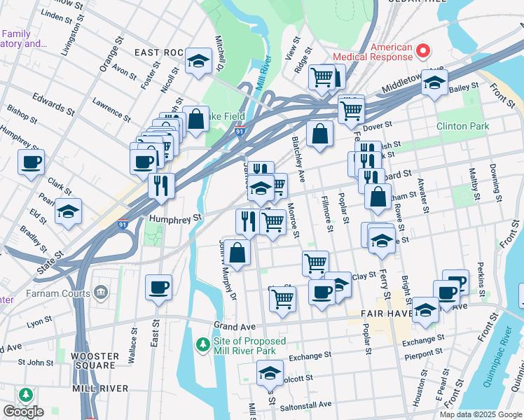map of restaurants, bars, coffee shops, grocery stores, and more near 407 James Street in New Haven