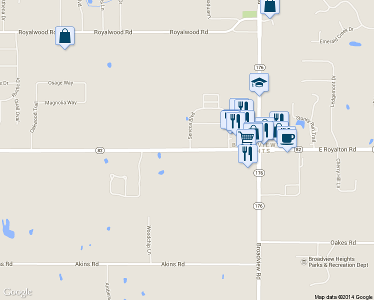 map of restaurants, bars, coffee shops, grocery stores, and more near 1550 West Royalton Road in Broadview Heights