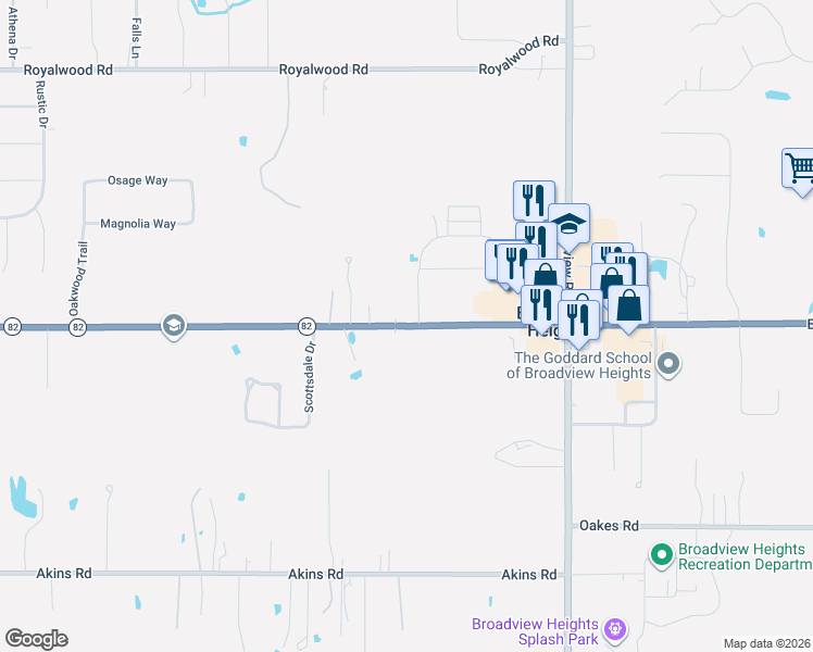 map of restaurants, bars, coffee shops, grocery stores, and more near 1550 West Royalton Road in Broadview Heights