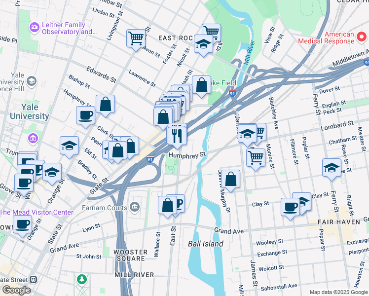 map of restaurants, bars, coffee shops, grocery stores, and more near 545 East Street in New Haven