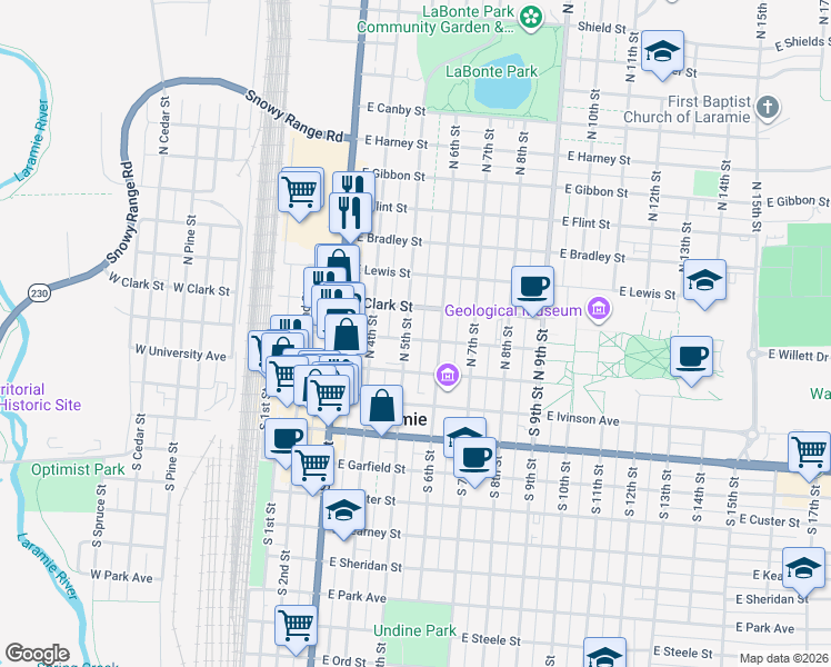 map of restaurants, bars, coffee shops, grocery stores, and more near 416 East Clark Street in Laramie