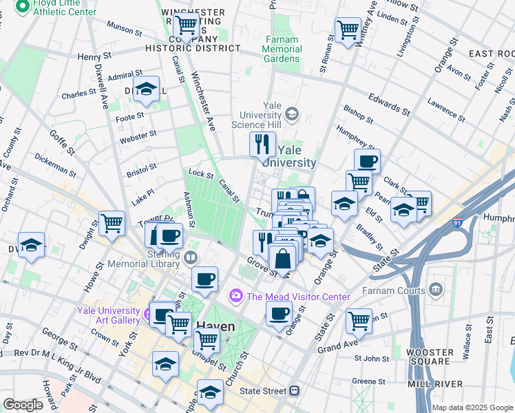 map of restaurants, bars, coffee shops, grocery stores, and more near 87 Trumbull Street in New Haven