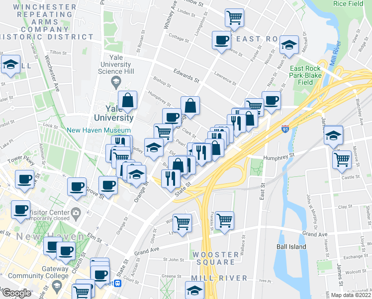map of restaurants, bars, coffee shops, grocery stores, and more near 64 Pearl Street in New Haven