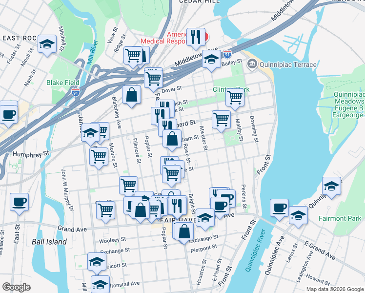 map of restaurants, bars, coffee shops, grocery stores, and more near 74 Rowe Street in New Haven