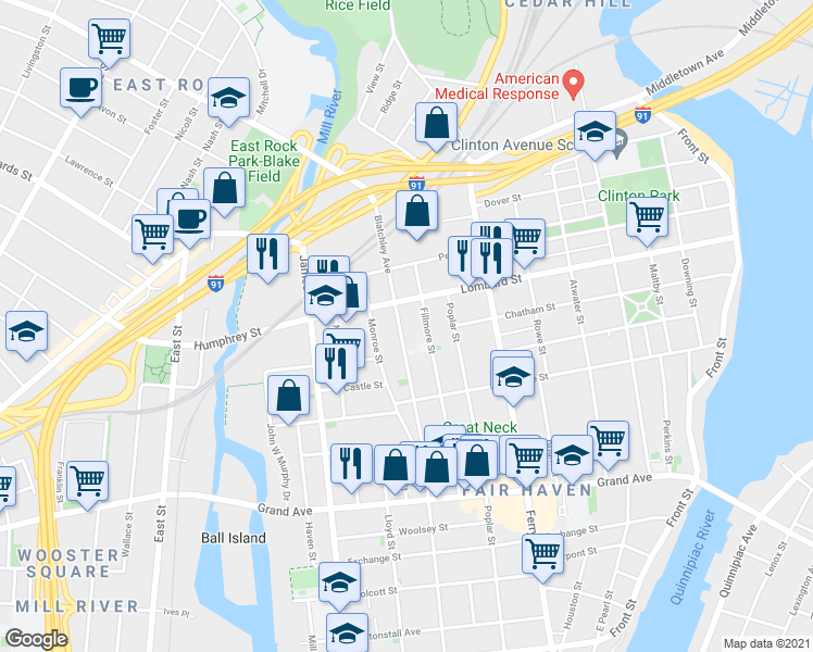 map of restaurants, bars, coffee shops, grocery stores, and more near 456 Lombard Street in New Haven