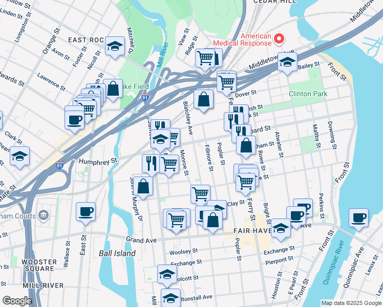 map of restaurants, bars, coffee shops, grocery stores, and more near in New Haven