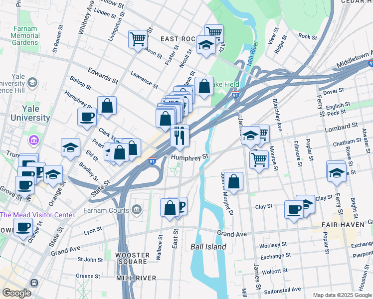 map of restaurants, bars, coffee shops, grocery stores, and more near 545 East Street in New Haven