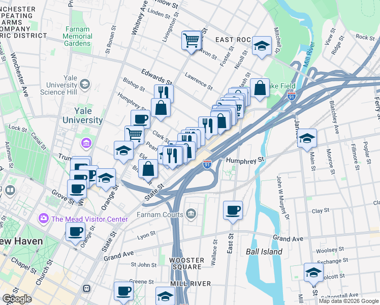 map of restaurants, bars, coffee shops, grocery stores, and more near 286 Humphrey Street in New Haven