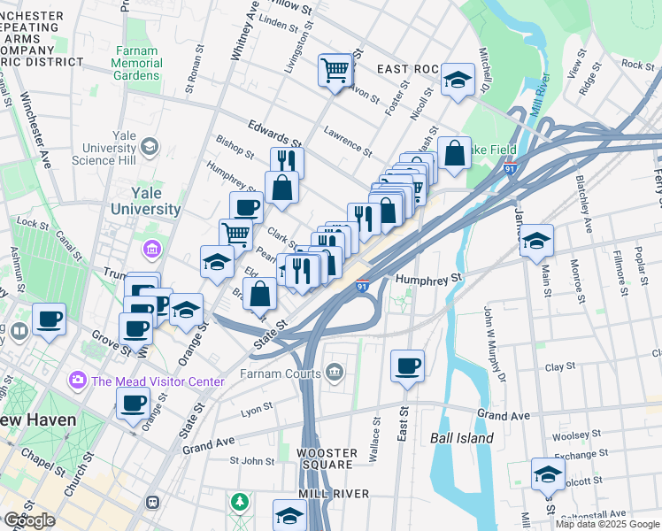 map of restaurants, bars, coffee shops, grocery stores, and more near 286 Humphrey Street in New Haven