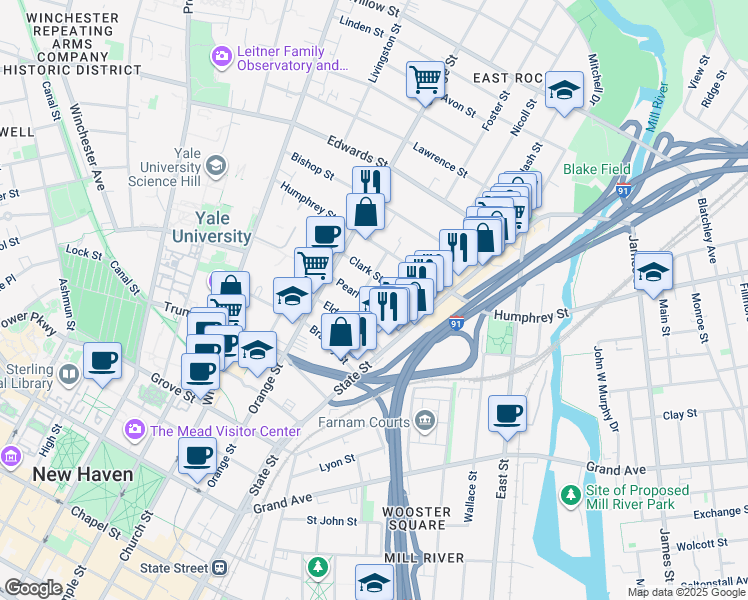map of restaurants, bars, coffee shops, grocery stores, and more near 59 Clark Street in New Haven