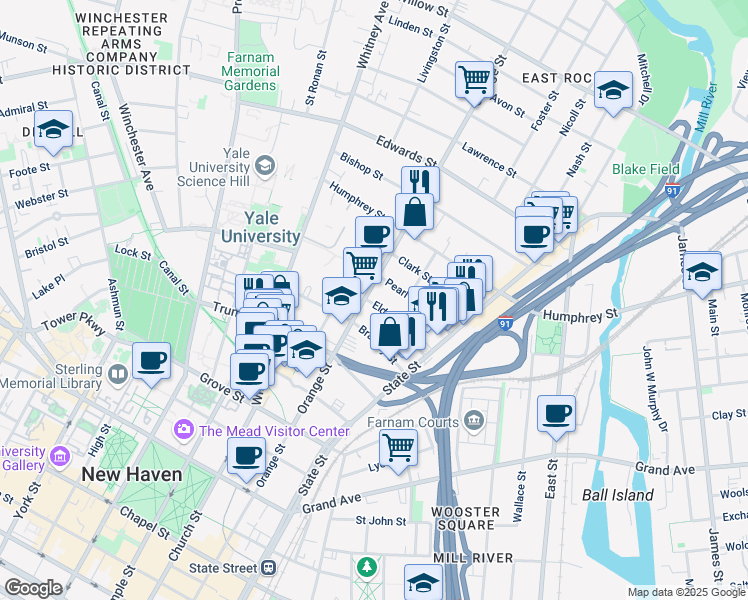 map of restaurants, bars, coffee shops, grocery stores, and more near in New Haven