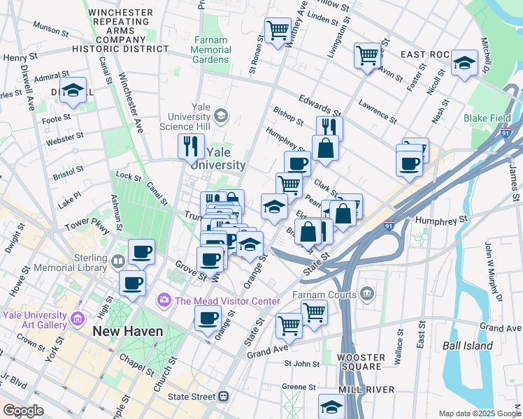 map of restaurants, bars, coffee shops, grocery stores, and more near 38 Lincoln Street in New Haven