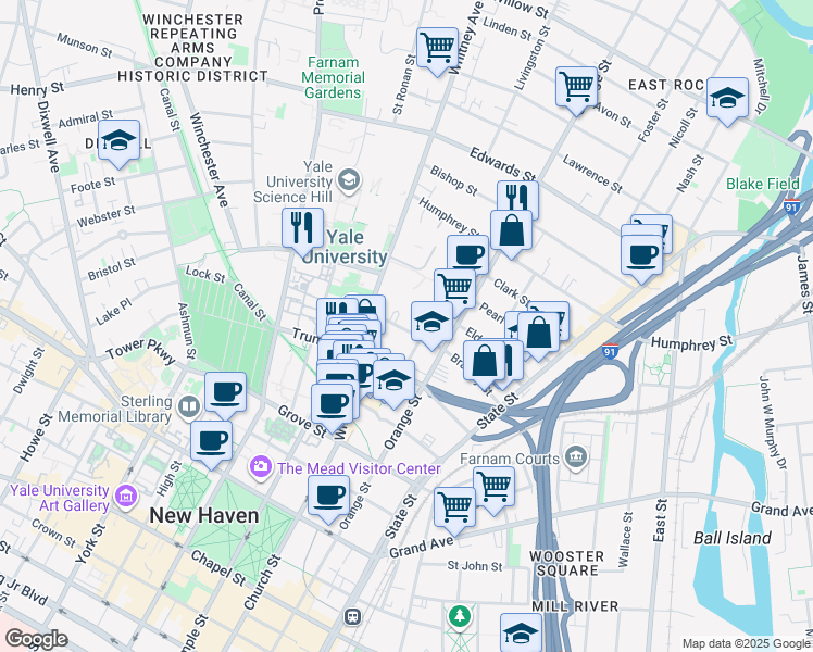 map of restaurants, bars, coffee shops, grocery stores, and more near 38 Lincoln Street in New Haven