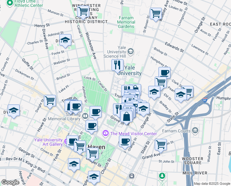 map of restaurants, bars, coffee shops, grocery stores, and more near in New Haven