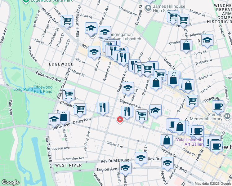 map of restaurants, bars, coffee shops, grocery stores, and more near 248 Sherman Avenue in New Haven