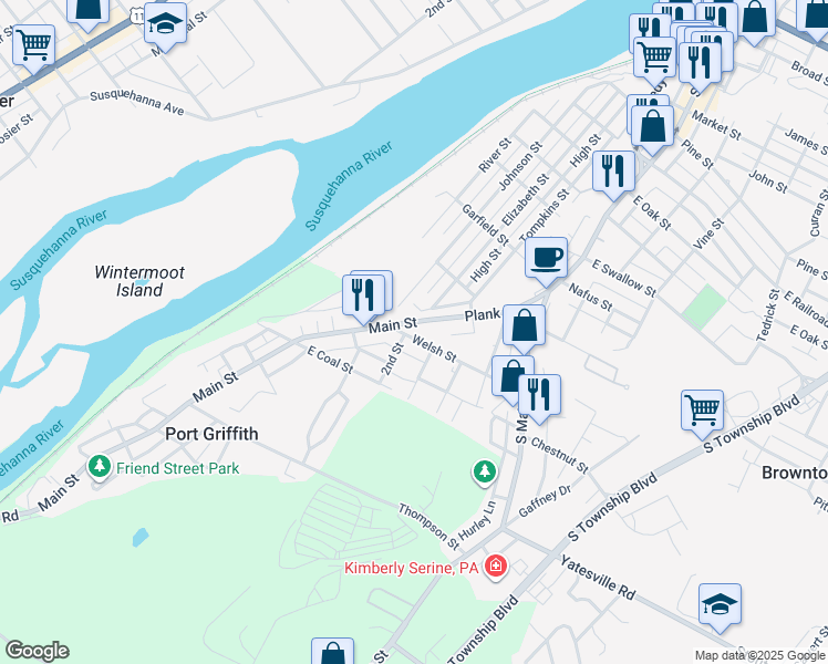 map of restaurants, bars, coffee shops, grocery stores, and more near 65 Plank St in Pittston