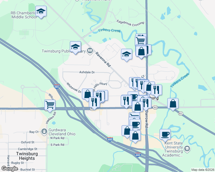 map of restaurants, bars, coffee shops, grocery stores, and more near 2644 Burridge Circle in Twinsburg