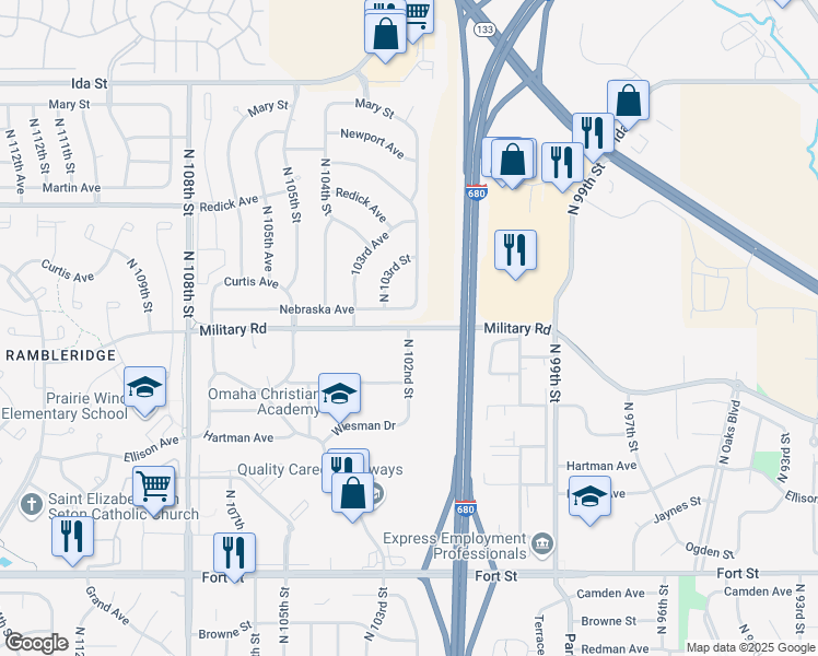 map of restaurants, bars, coffee shops, grocery stores, and more near 6102 North 102nd Street in Omaha