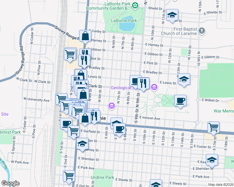map of restaurants, bars, coffee shops, grocery stores, and more near 619 East Clark Street in Laramie