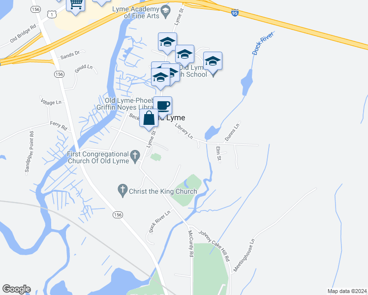 map of restaurants, bars, coffee shops, grocery stores, and more near 17 Library Lane in Old Lyme