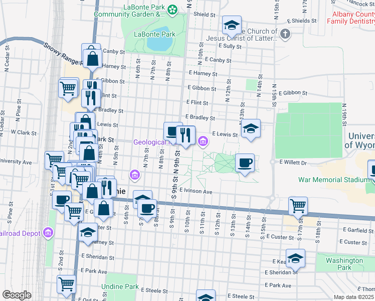 map of restaurants, bars, coffee shops, grocery stores, and more near 1000 East University Avenue in Laramie