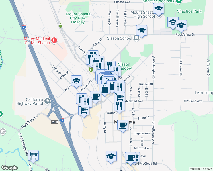 map of restaurants, bars, coffee shops, grocery stores, and more near 115 West Castle Street in Mount Shasta