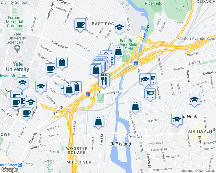 map of restaurants, bars, coffee shops, grocery stores, and more near 545 East Street in New Haven