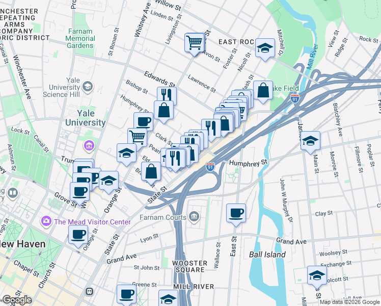 map of restaurants, bars, coffee shops, grocery stores, and more near 286 Humphrey Street in New Haven