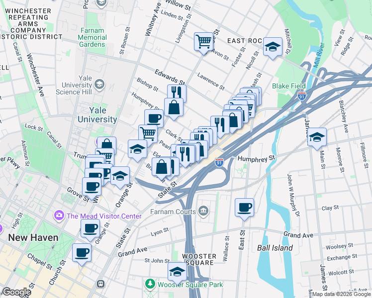 map of restaurants, bars, coffee shops, grocery stores, and more near 59 Clark Street in New Haven
