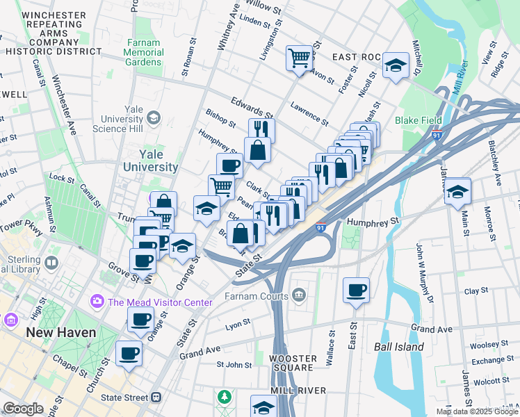 map of restaurants, bars, coffee shops, grocery stores, and more near 59 Clark Street in New Haven