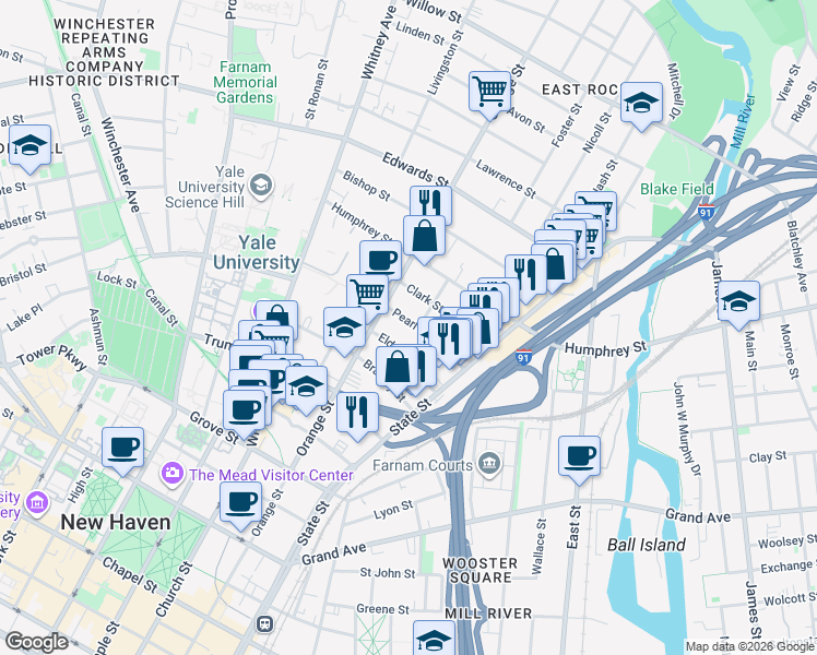 map of restaurants, bars, coffee shops, grocery stores, and more near 83 Pearl Street in New Haven