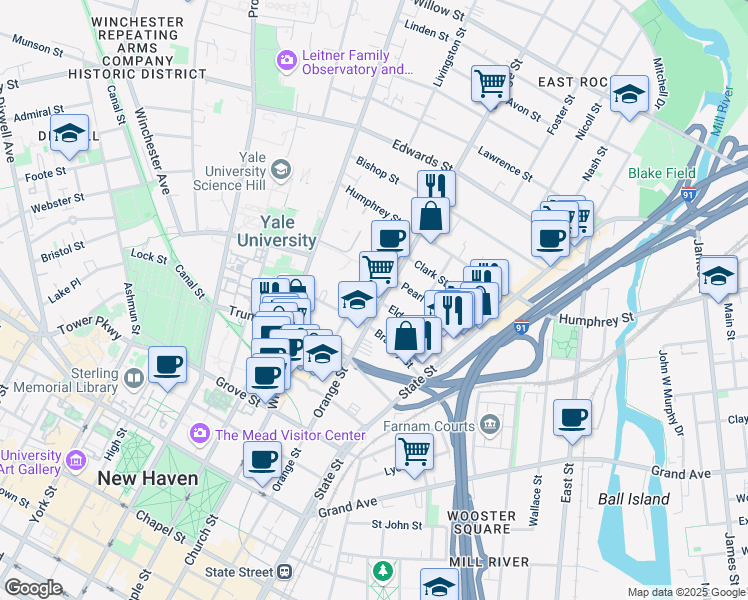 map of restaurants, bars, coffee shops, grocery stores, and more near in New Haven