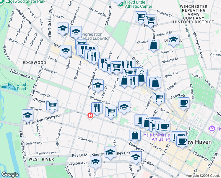 map of restaurants, bars, coffee shops, grocery stores, and more near 581 Elm Street in New Haven