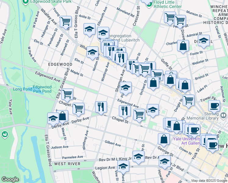 map of restaurants, bars, coffee shops, grocery stores, and more near 248 Sherman Avenue in New Haven