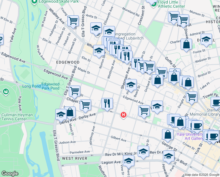 map of restaurants, bars, coffee shops, grocery stores, and more near 42 Maple Street in New Haven