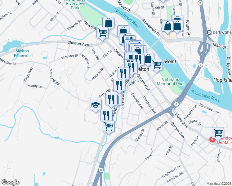 map of restaurants, bars, coffee shops, grocery stores, and more near 18 Oak Avenue in Shelton