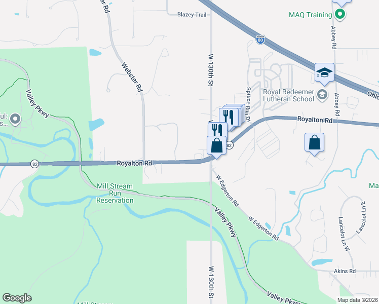 map of restaurants, bars, coffee shops, grocery stores, and more near 13525 Royalton Road in Strongsville