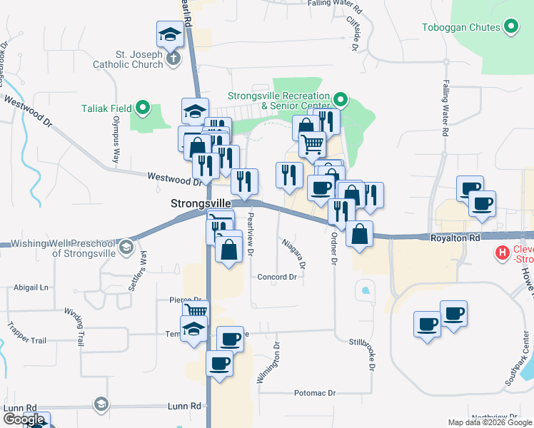 map of restaurants, bars, coffee shops, grocery stores, and more near in Strongsville
