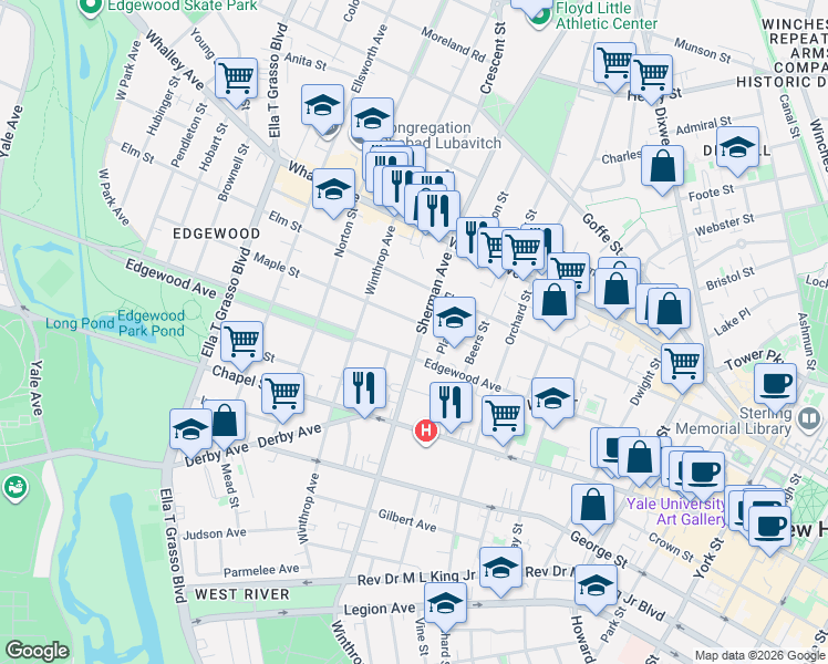 map of restaurants, bars, coffee shops, grocery stores, and more near 228 Sherman Avenue in New Haven