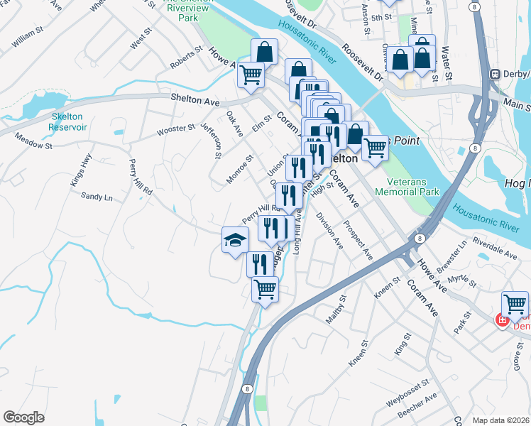 map of restaurants, bars, coffee shops, grocery stores, and more near 33 Perry Hill Road in Shelton