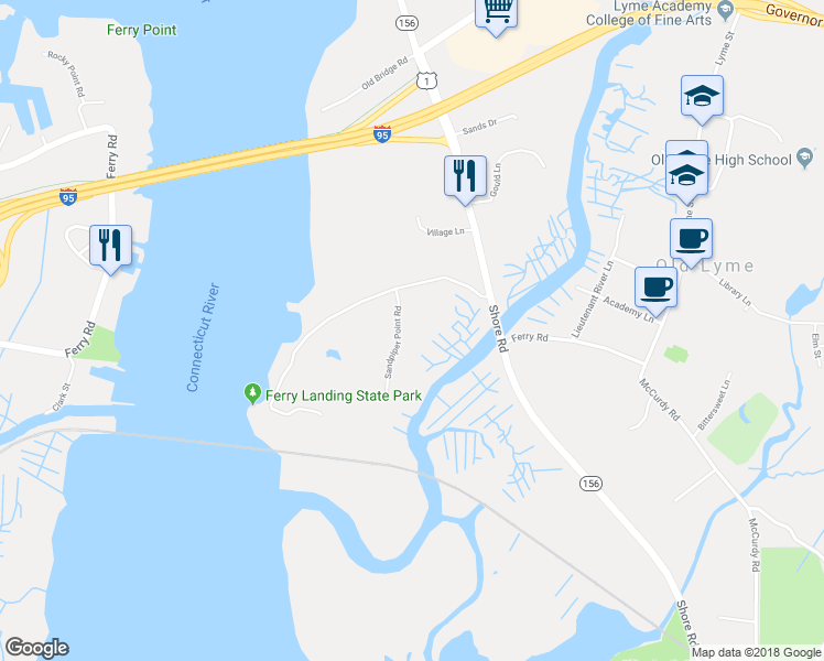 map of restaurants, bars, coffee shops, grocery stores, and more near 6 Sandpiper Point Road in Old Lyme