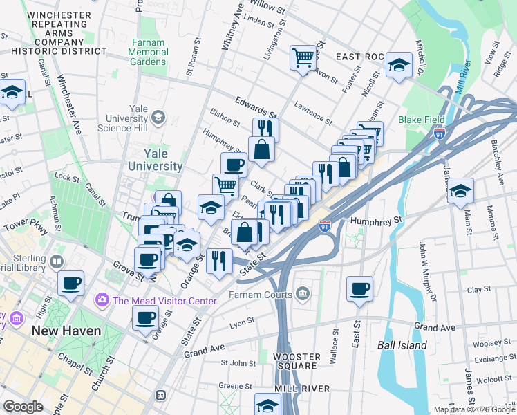 map of restaurants, bars, coffee shops, grocery stores, and more near Pearl Street in New Haven