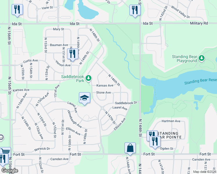 map of restaurants, bars, coffee shops, grocery stores, and more near 14708 Kansas Avenue in Omaha